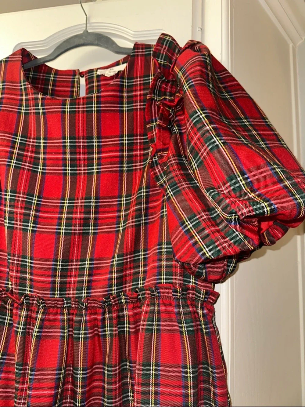 entro Red Plaid Puff Sleeve Tiered Mini Dress - Picture 3 of 4